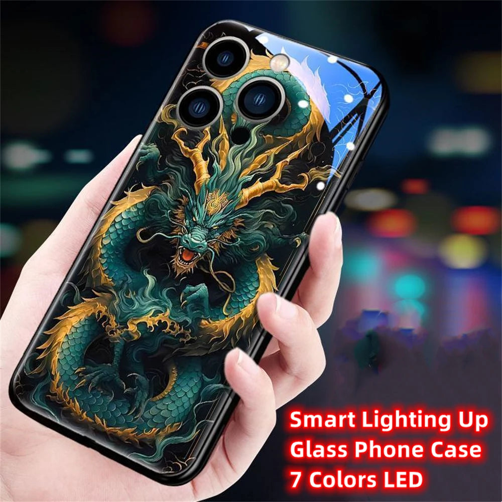 iPhone Black Dragon Phone Case LED Light Glass Shockproof Cover
