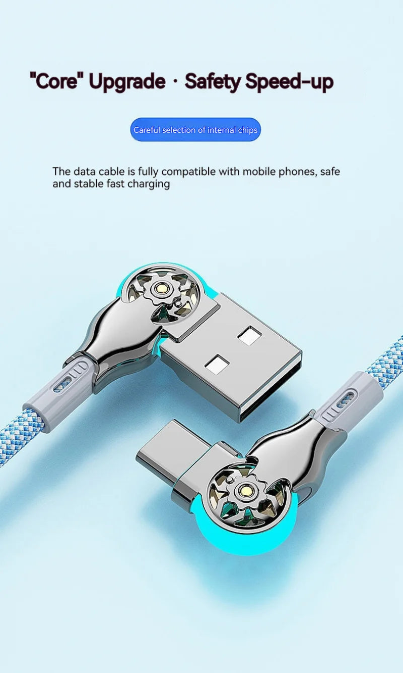 Fast Charging Cable 180 Degree Elbow Rotation USB A to Type C Cable with Light Zinc Alloy Braided Data Cable USB Micro Charger