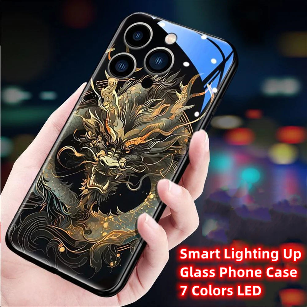 iPhone Black Dragon Phone Case LED Light Glass Shockproof Cover
