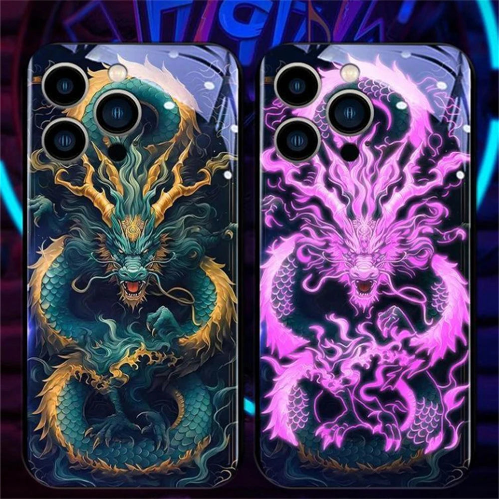 iPhone Black Dragon Phone Case LED Light Glass Shockproof Cover