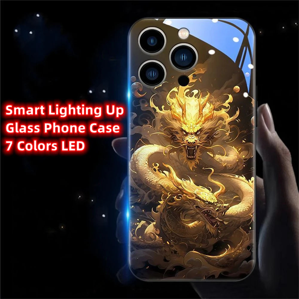iPhone Black Dragon Phone Case LED Light Glass Shockproof Cover