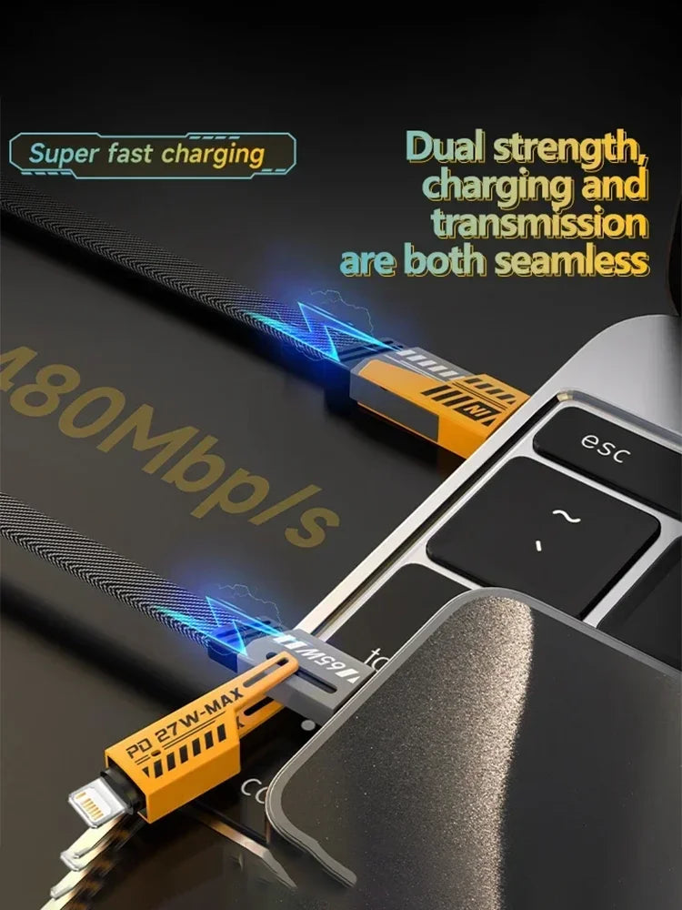 4-in-1 Fast Charging Cable, 65W PD QC Mecha Cable for Android/iPhone, USB C Multi-Port Quick Charge Wire
