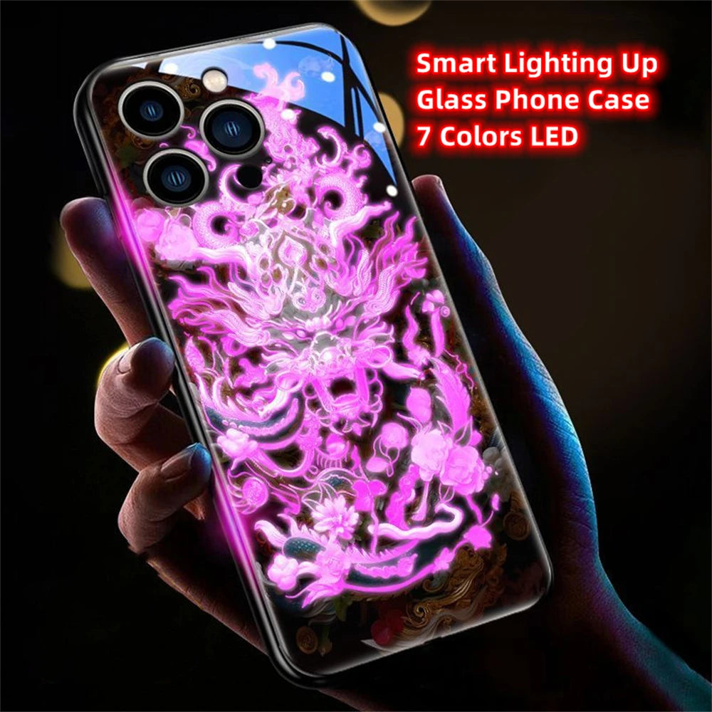 iPhone Black Dragon Phone Case LED Light Glass Shockproof Cover