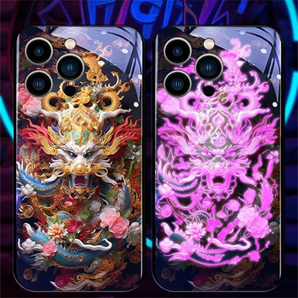 iPhone Black Dragon Phone Case LED Light Glass Shockproof Cover