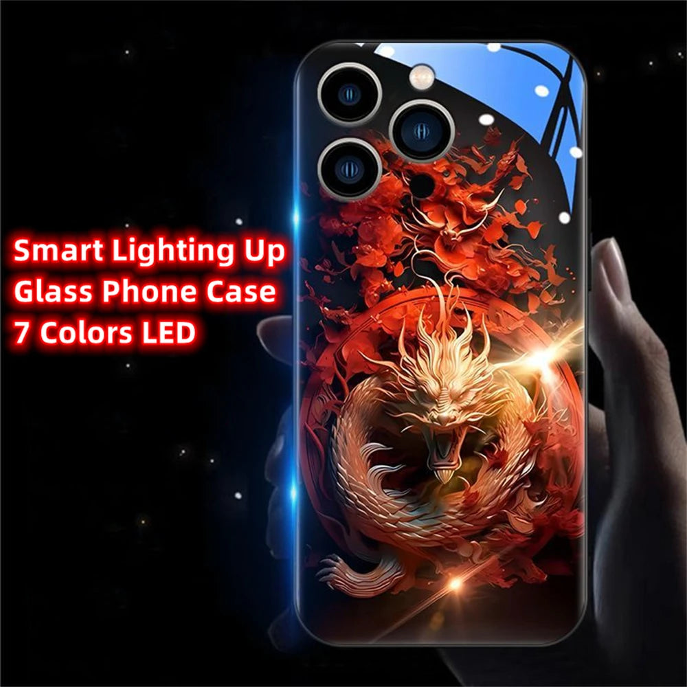 iPhone Black Dragon Phone Case LED Light Glass Shockproof Cover