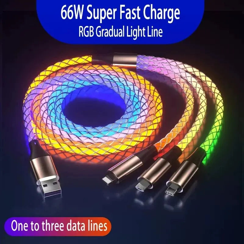 6A Super Fast Charging Colorful Light Data Cable A Drag Three RGB Breathing Gradient Car Charging Cable USB 3 In 1 Universal