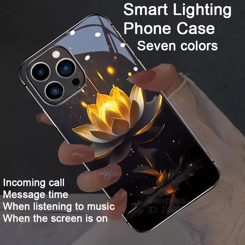 iPhone Flower Smart LED Light Luminous Tempered Glass Back Cover
