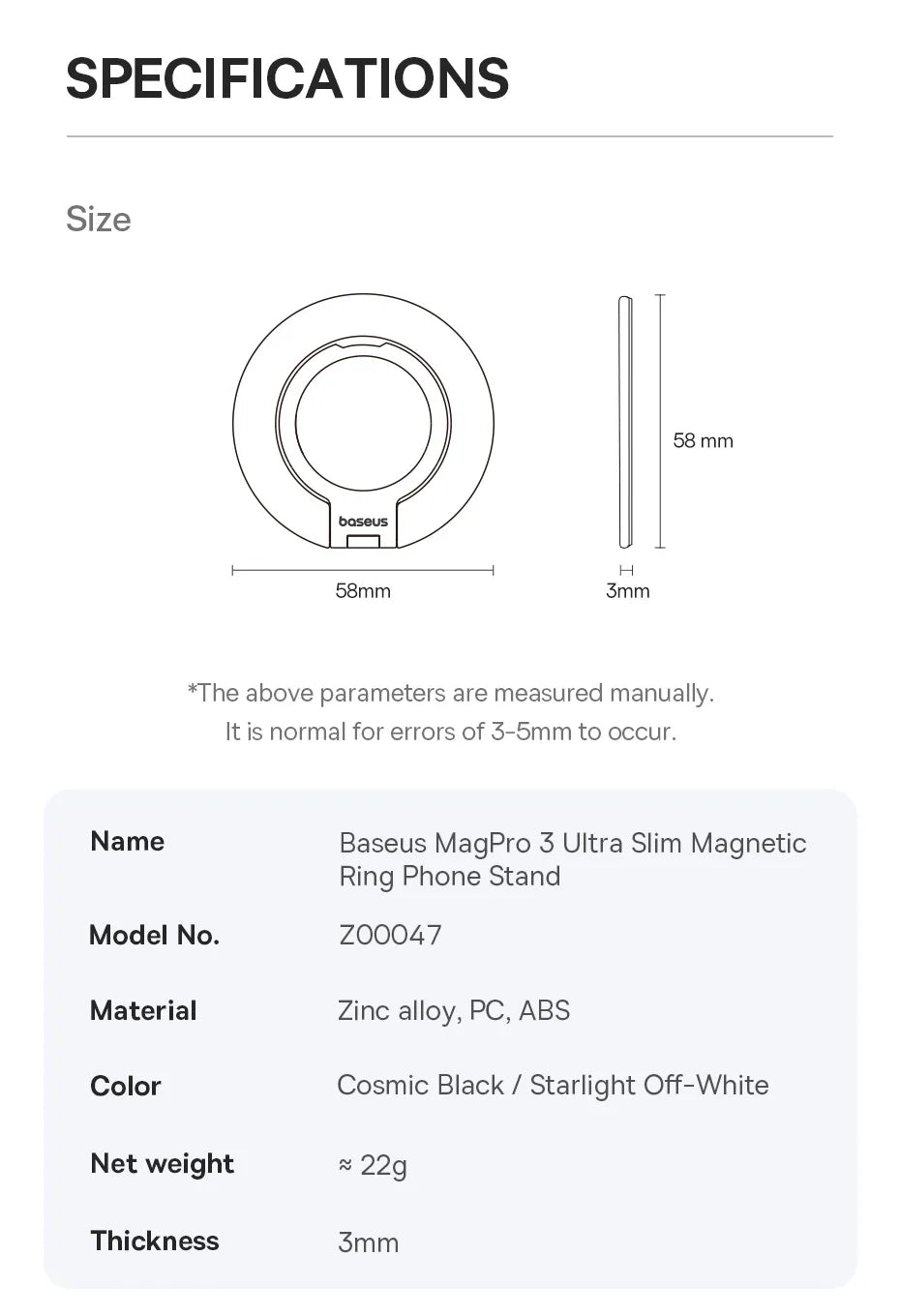 Baseus Ultra Thin Magnetic Ring Stand 360° Rotation 180°