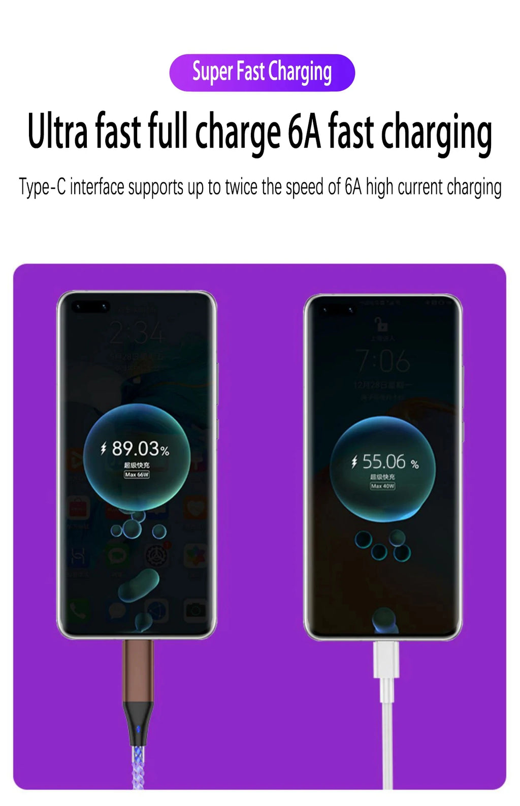 6A Super Fast Charging Colorful Light Data Cable A Drag Three RGB Breathing Gradient Car Charging Cable USB 3 In 1 Universal