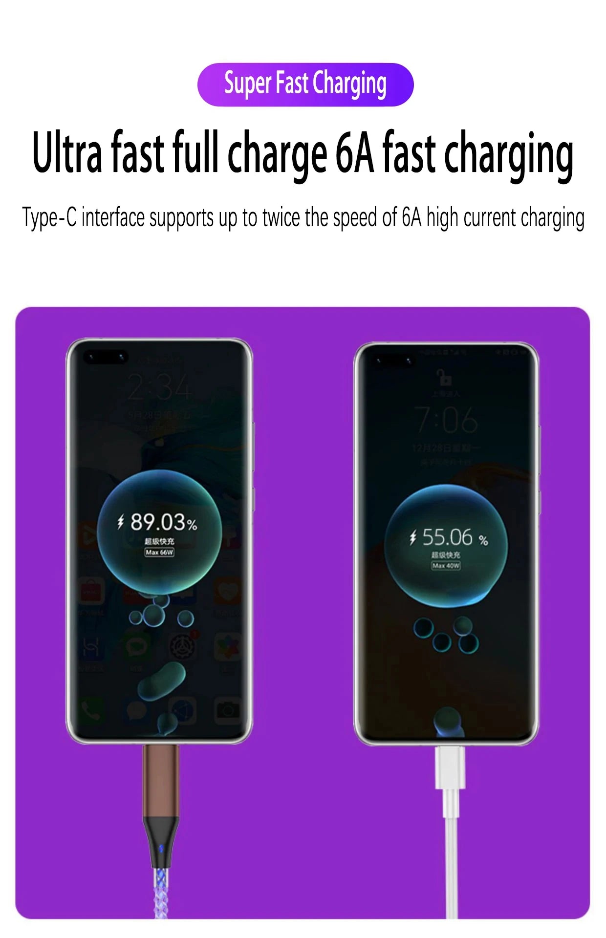 6A Fast Charging Light Gradient Car Charging Cable USB 3 In 1 Universal