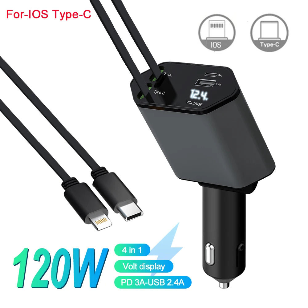 4-in-1 Car Charger Retractable Cable Adapter 120W
