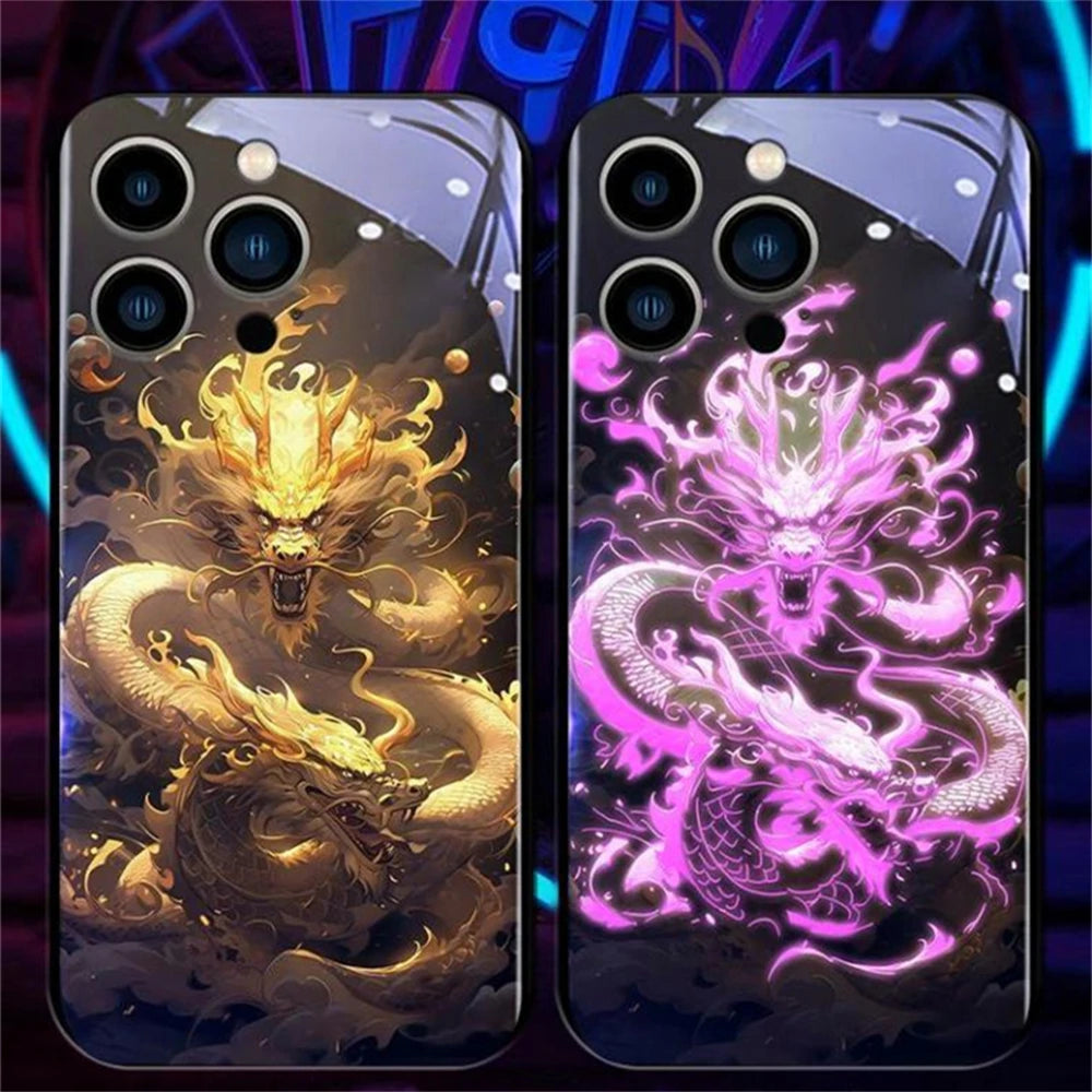 iPhone Black Dragon Phone Case LED Light Glass Shockproof Cover