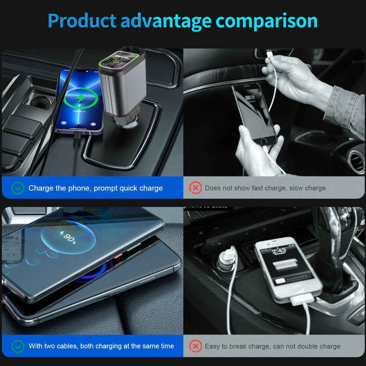 4-in-1 Car Charger with 2 Retractable Cable 120W Fast Charger Power Adapter Car Charger With Starlight For IOS Android Phones