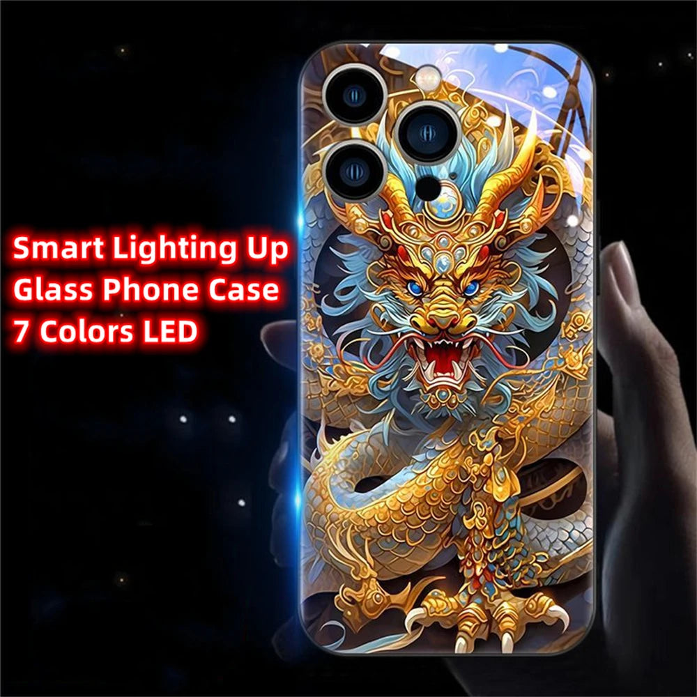 iPhone Black Dragon Phone Case LED Light Glass Shockproof Cover