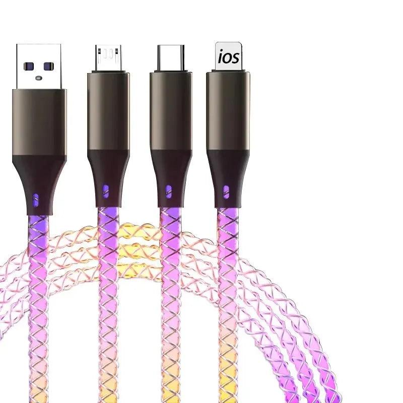 6A Fast Charging Light Gradient Car Charging Cable USB 3 In 1 Universal