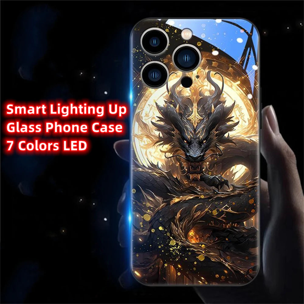 iPhone Black Dragon Phone Case LED Light Glass Shockproof Cover