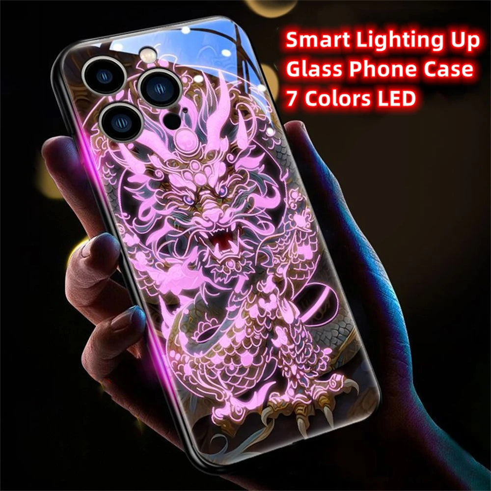 iPhone Black Dragon Phone Case LED Light Glass Shockproof Cover