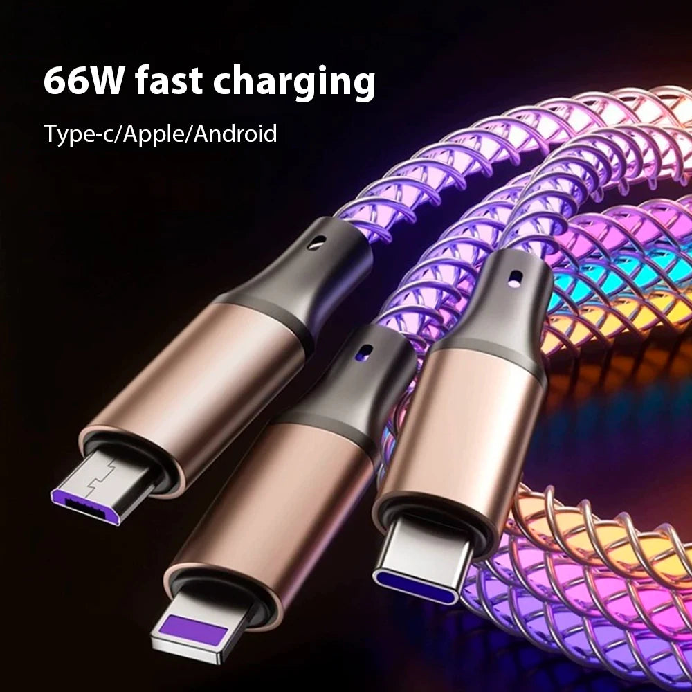 66W Fast Charging Cable For Huawei iPhone Xiaomi Charger 3 in1 USB Cable Type C Colorful Streamer Glowing Line Phone Accessories