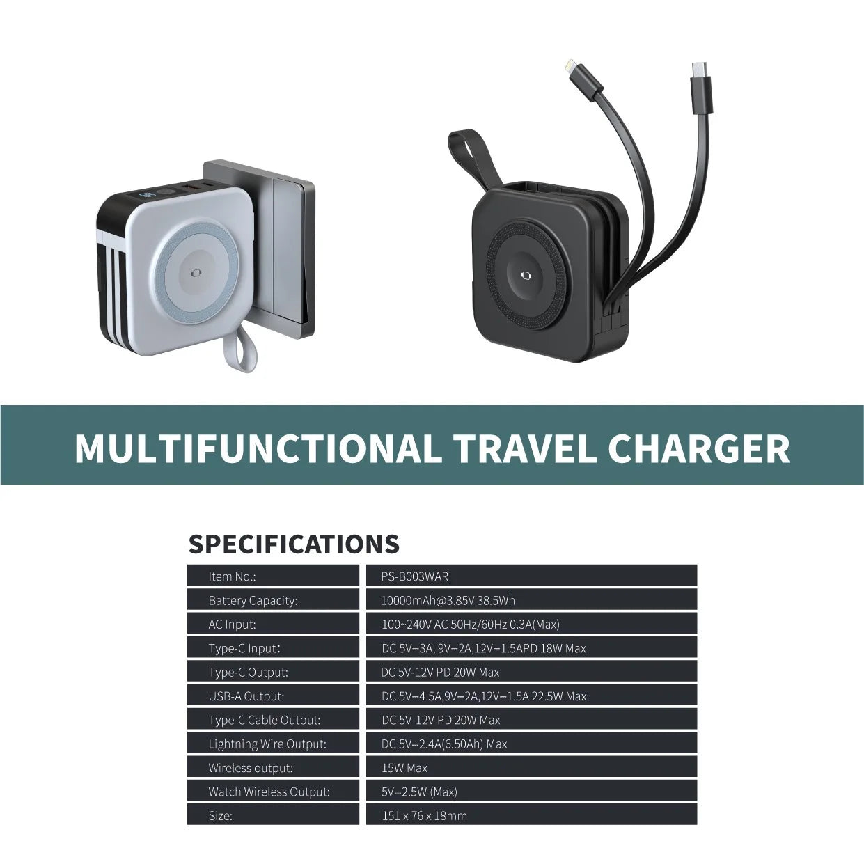 Magsafe Portable Power Banks Fast Wireless Charger with Foldable Plug EU