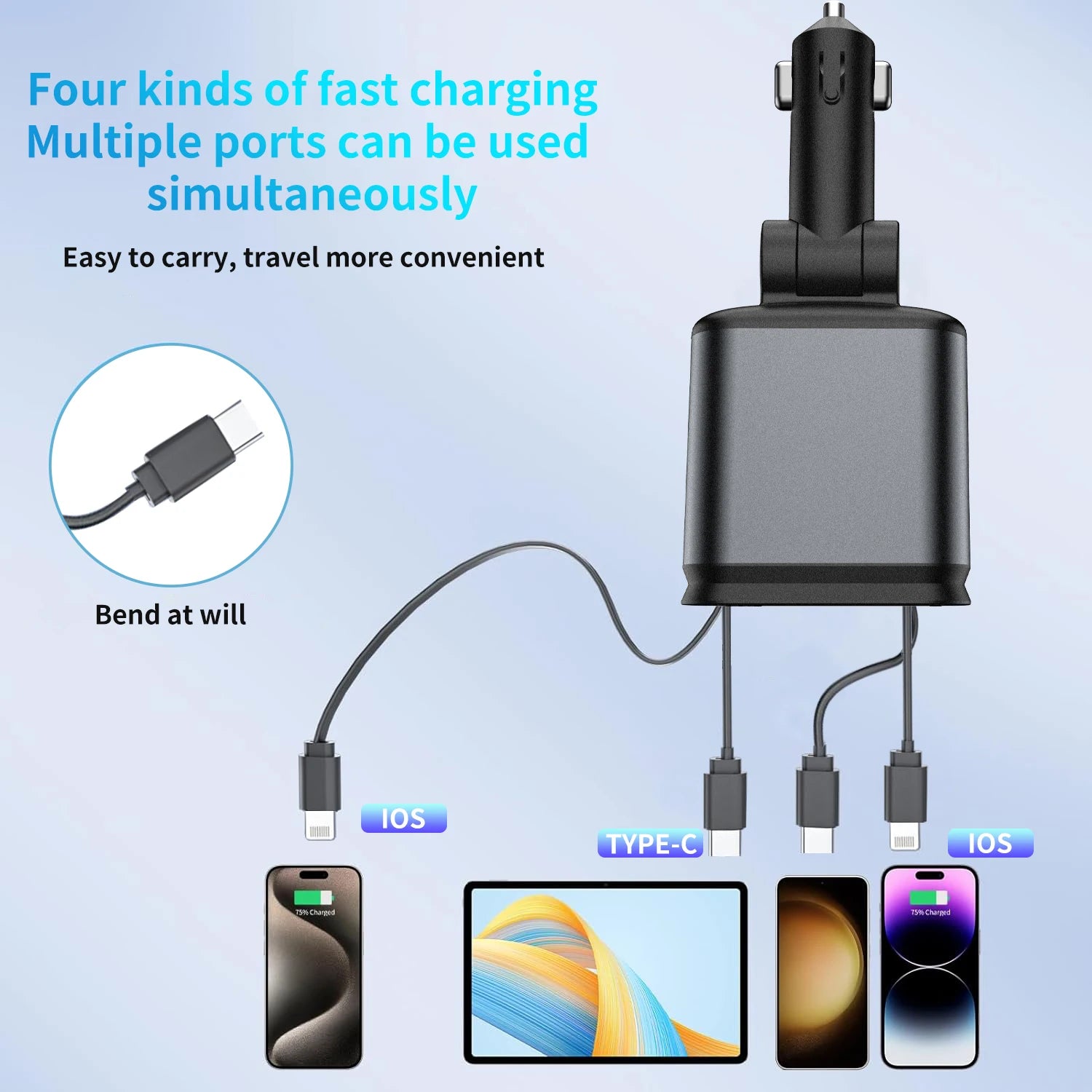 4-in-1 Car Charger with 2 Retractable Cable 120W Fast Charger Power Adapter Car Charger With Starlight For IOS Android Phones