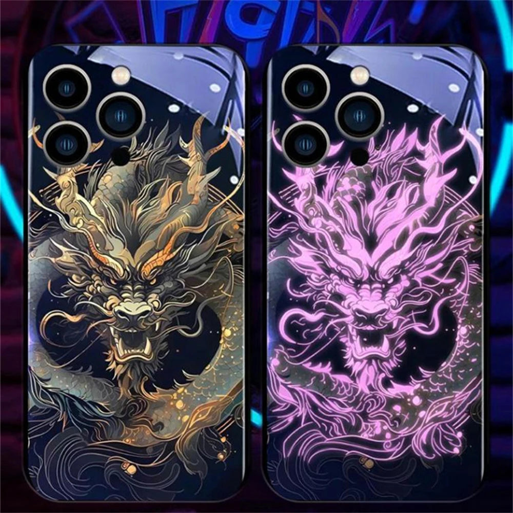 iPhone Black Dragon Phone Case LED Light Glass Shockproof Cover
