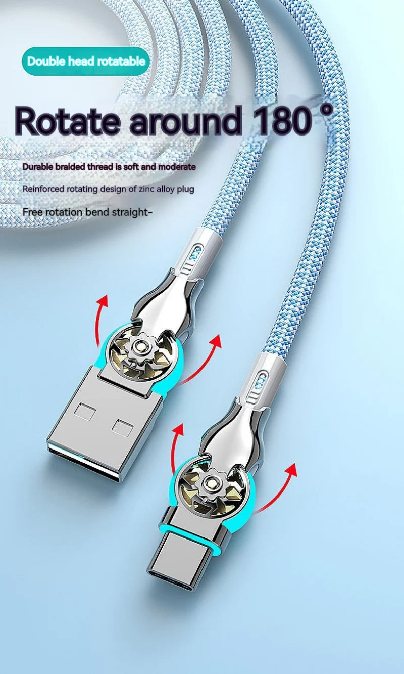 Fast Charging Cable 180 Degree Elbow Rotation USB A to Type C Cable with Light Zinc Alloy Braided Data Cable USB Micro Charger