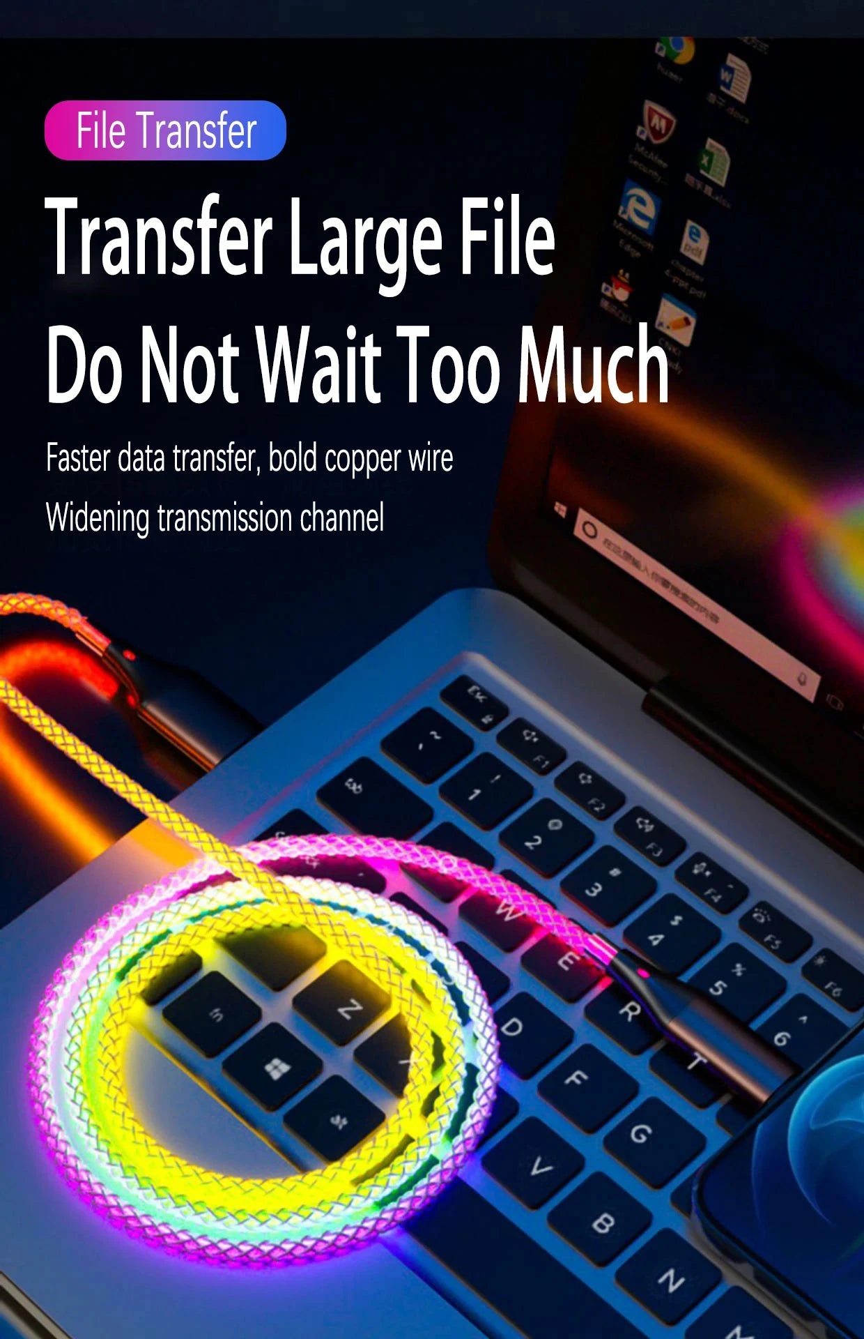 6A Fast Charging Light Gradient Car Charging Cable USB 3 In 1 Universal