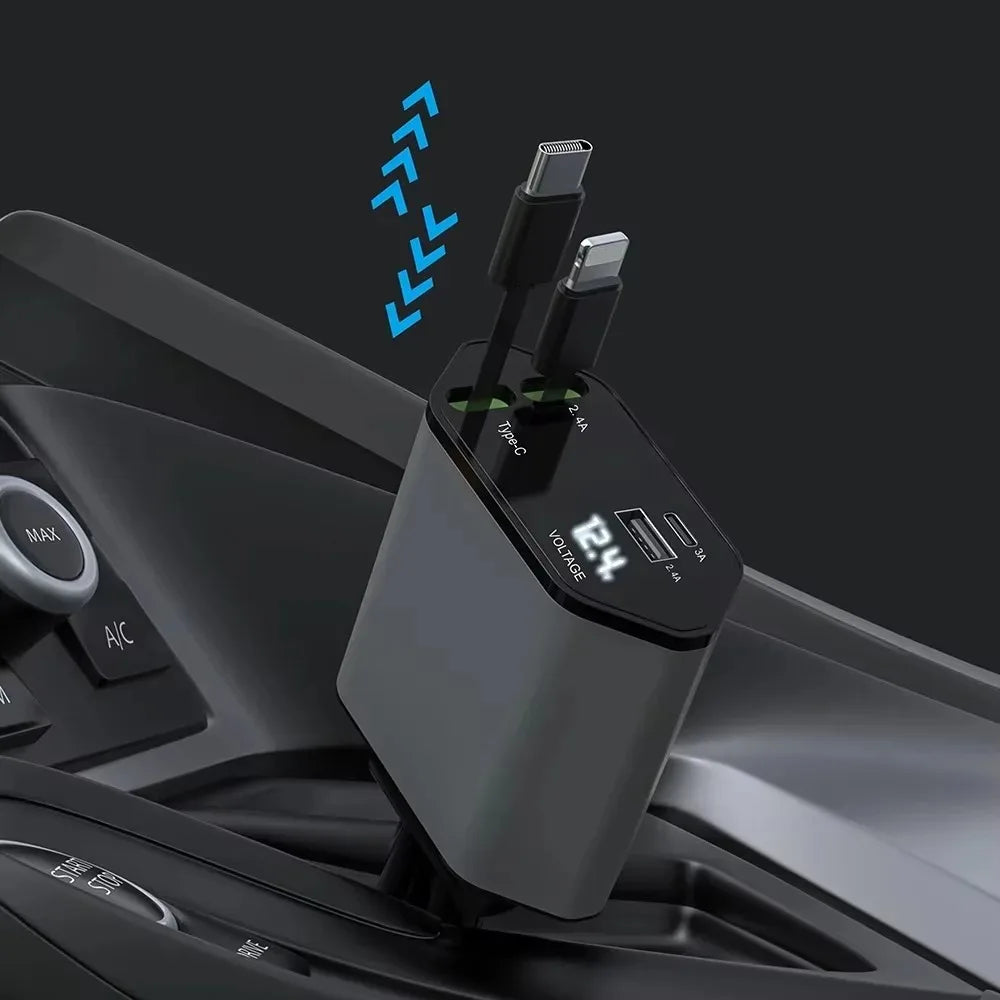 Fast Charging 4-in-1 Telescopic Car Charger For iPhone iPad Galaxy Pixel HUAWEI Mobile Phone Charger Extension Cable High Speed
