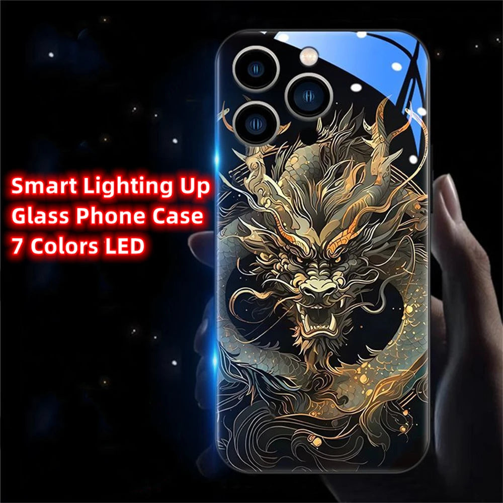 iPhone Black Dragon Phone Case LED Light Glass Shockproof Cover