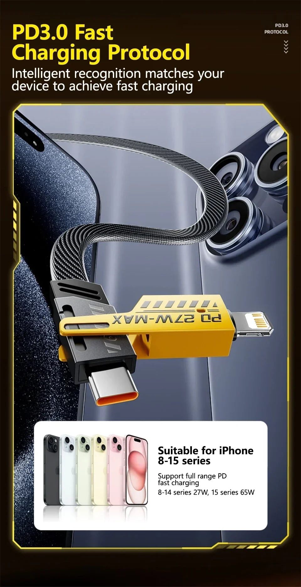 4-in-1 Fast Charging Cable, 65W PD QC Mecha Cable for Android/iPhone, USB C Multi-Port Quick Charge Wire