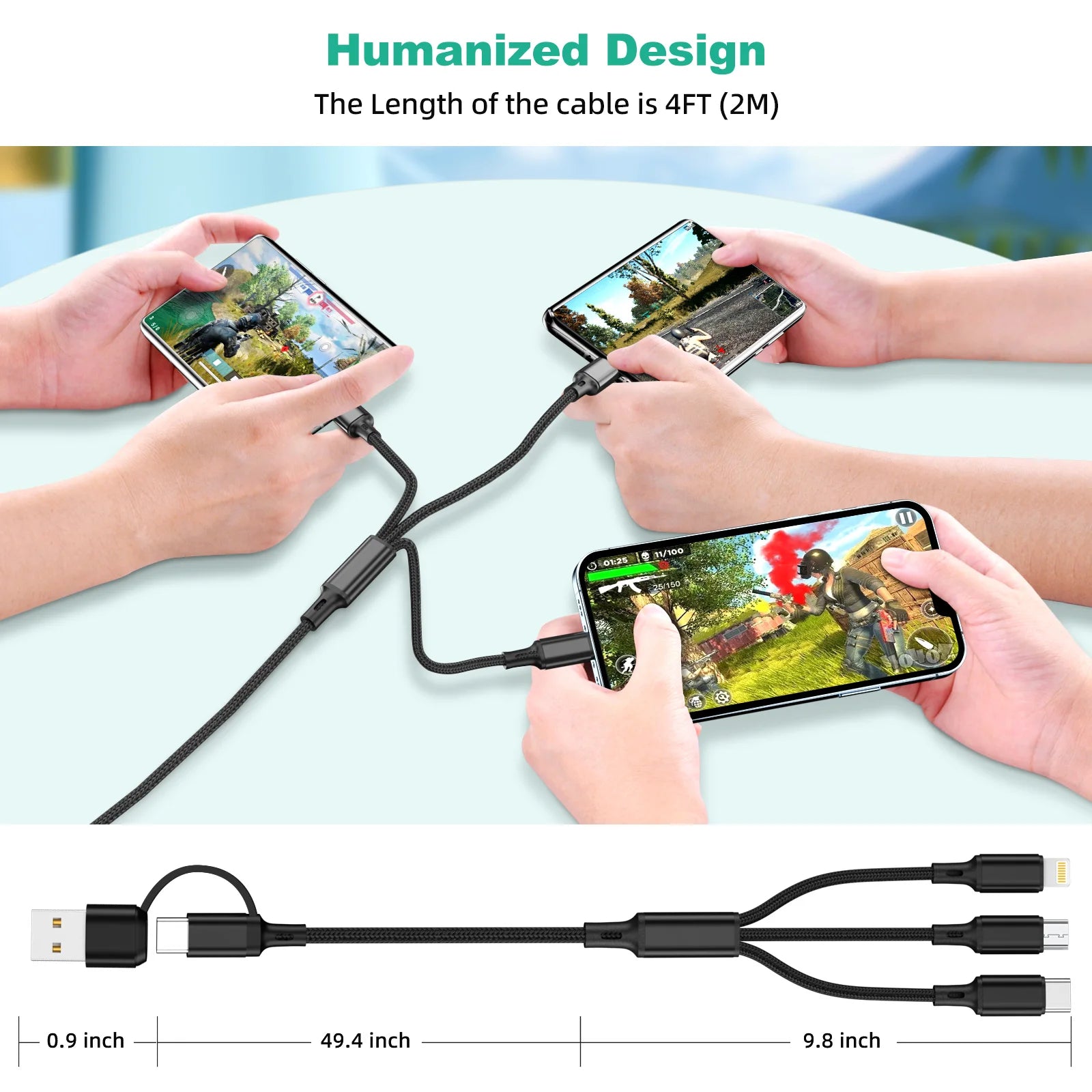 3 in1 Charging Cable Multi Usb Port Multiple Usb Charging Cord Type C Micro Charger Mobile Phone Wire For iPhone 14 13 12 Huawei