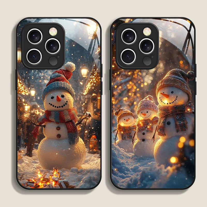 iPhone Winter Christmas Snowman Pattern Tempered Glass Phone Case