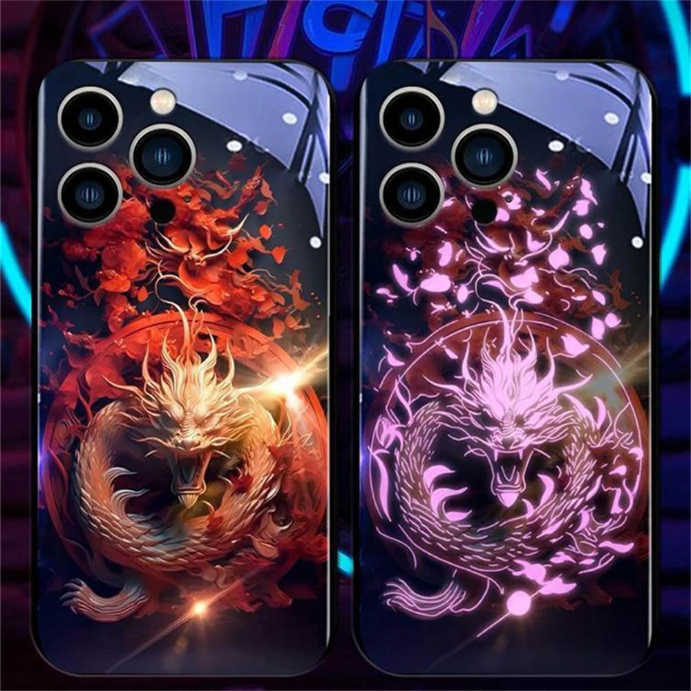 iPhone Black Dragon Phone Case LED Light Glass Shockproof Cover
