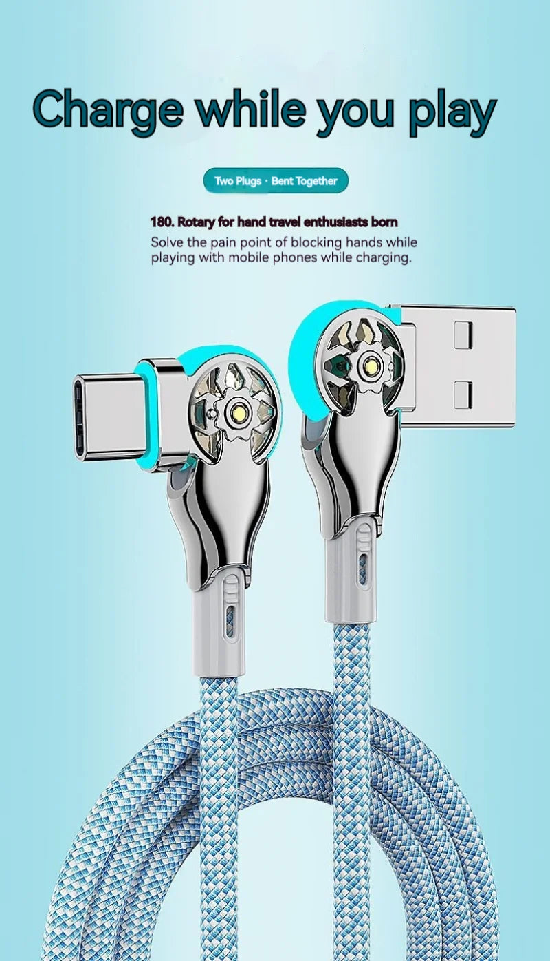 Fast Charging Cable 180 Degree Elbow Rotation USB A to Type C Cable with Light Zinc Alloy Braided Data Cable USB Micro Charger