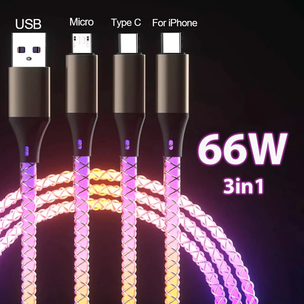 66W Fast Charging Cable For Huawei iPhone Xiaomi Charger 3 in1 USB Cable Type C Colorful Streamer Glowing Line Phone Accessories