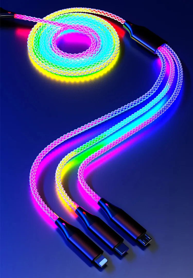 6A Super Fast Charging Colorful Light Data Cable A Drag Three RGB Breathing Gradient Car Charging Cable USB 3 In 1 Universal