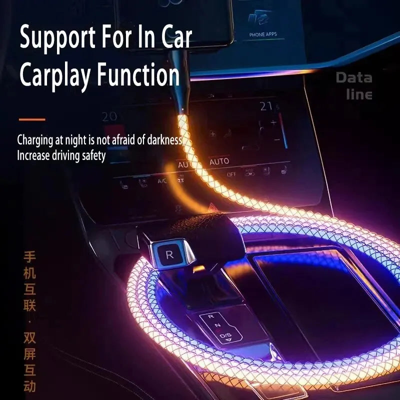 6A Fast Charging Light Gradient Car Charging Cable USB 3 In 1 Universal