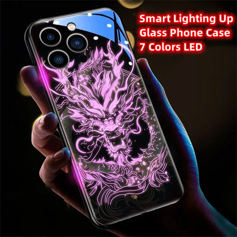 iPhone Black Dragon Phone Case LED Light Glass Shockproof Cover