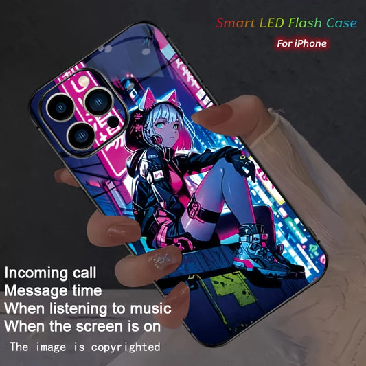 iPhone Neon City Cat Ear Girl LED Cases Cover