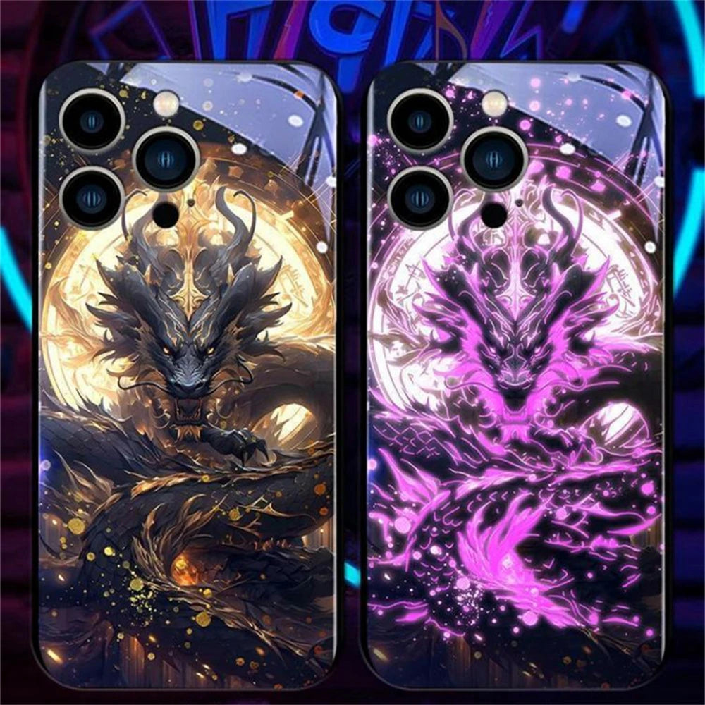 iPhone Black Dragon Phone Case LED Light Glass Shockproof Cover