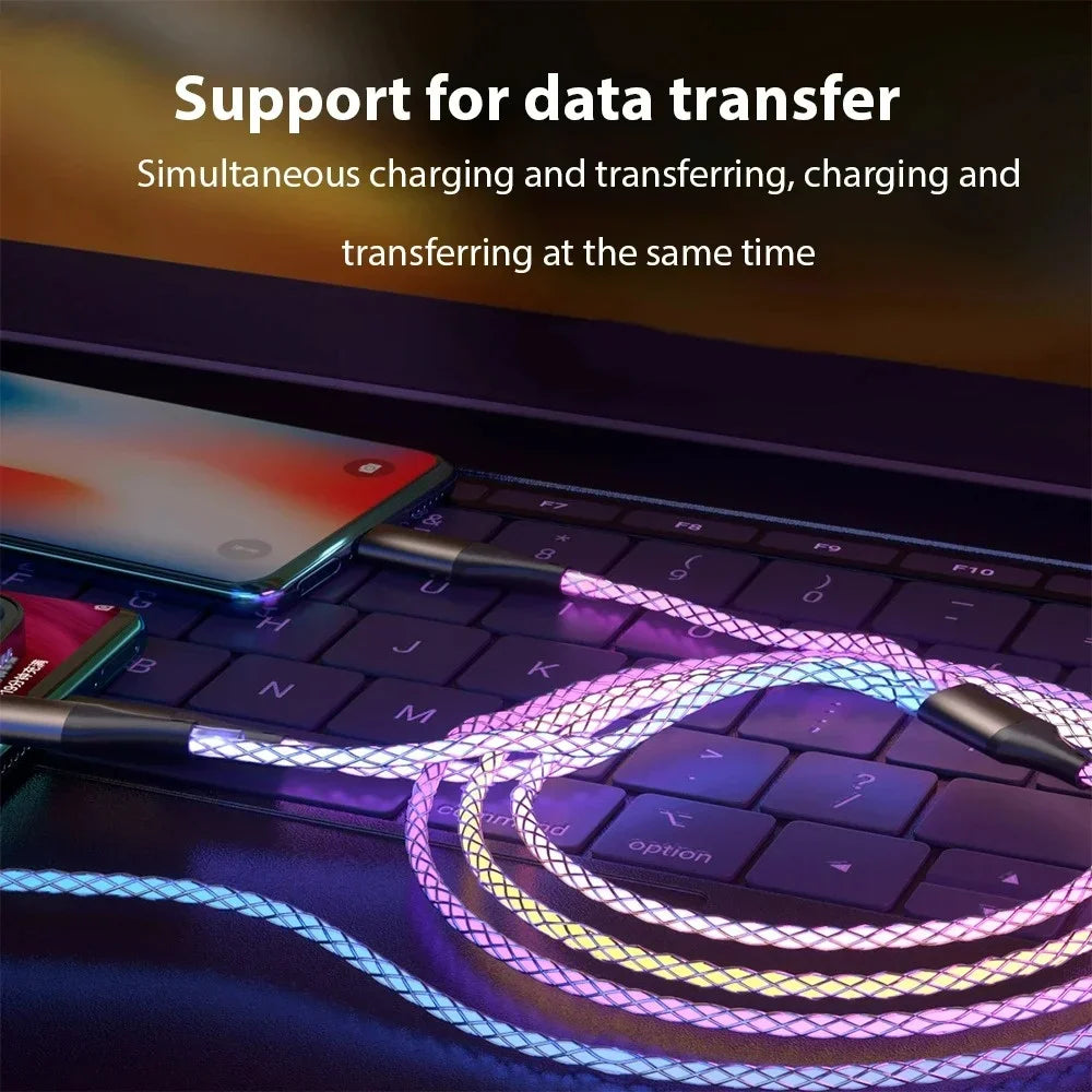 6A 66W USB C Cable 3 in 1 Super Fast Charging Colorful Luminous Data Cable For iPhone Huawei Xiaomi One Drag Three Charging Wire