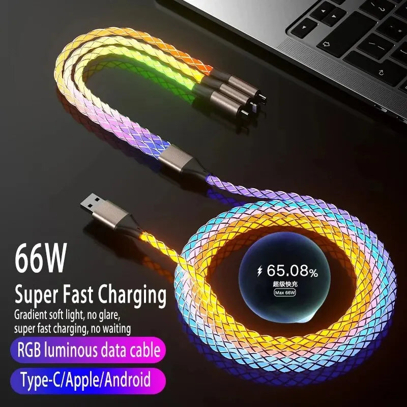 6A Fast Charging Light Gradient Car Charging Cable USB 3 In 1 Universal