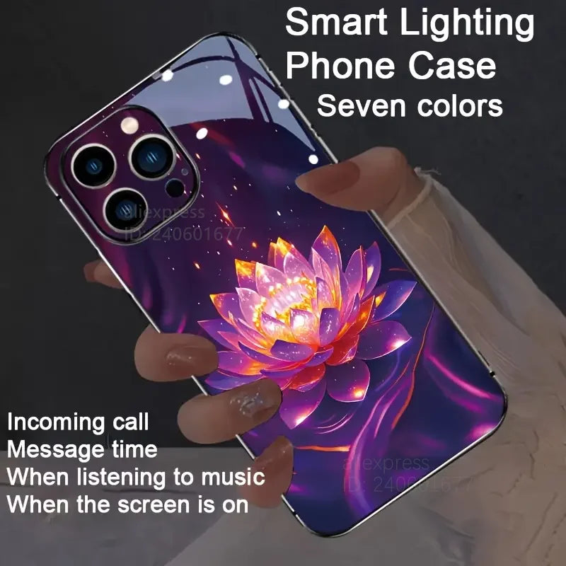 iPhone Flower Smart LED Light Luminous Tempered Glass Back Cover