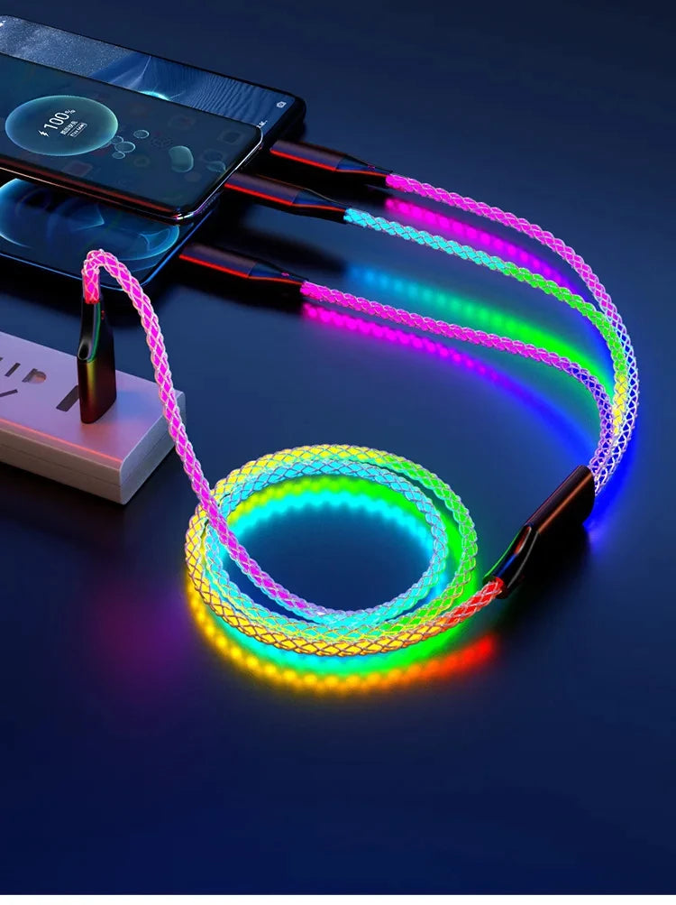 6A Fast Charging Light Gradient Car Charging Cable USB 3 In 1 Universal