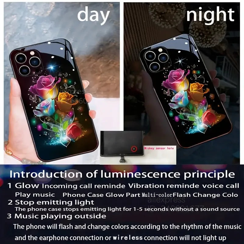 iPhone Flower Smart LED Light Luminous Tempered Glass Back Cover