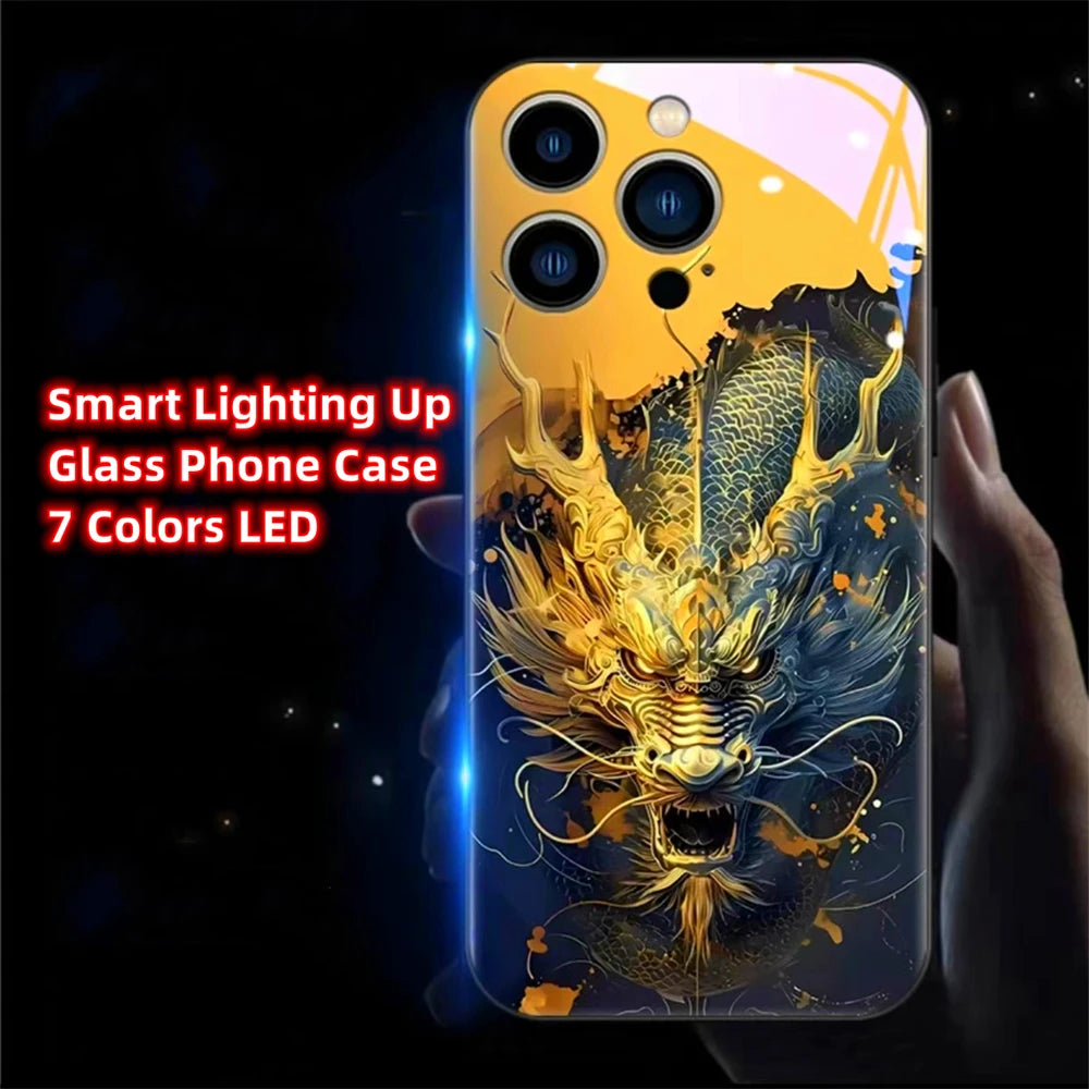 iPhone Black Dragon Phone Case LED Light Glass Shockproof Cover