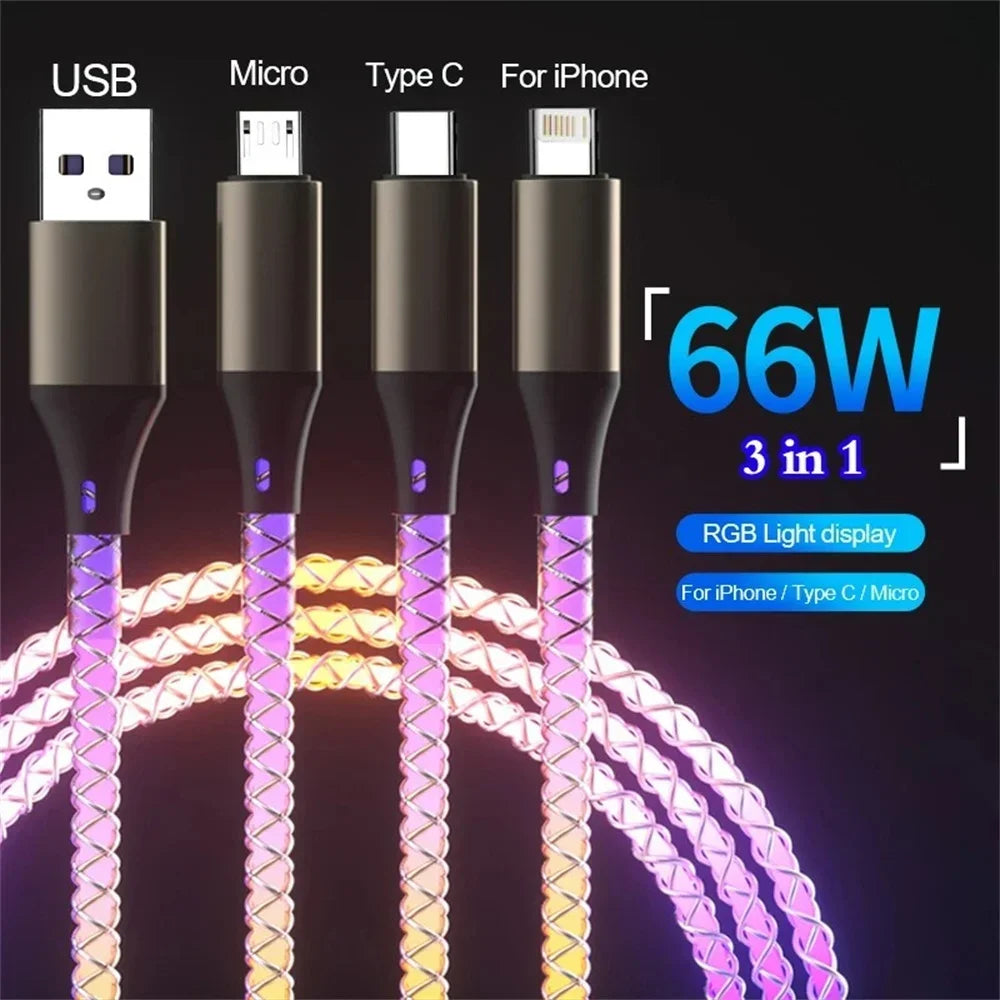 USB C Cable 3 in 1 Colorful Luminous Data Cable