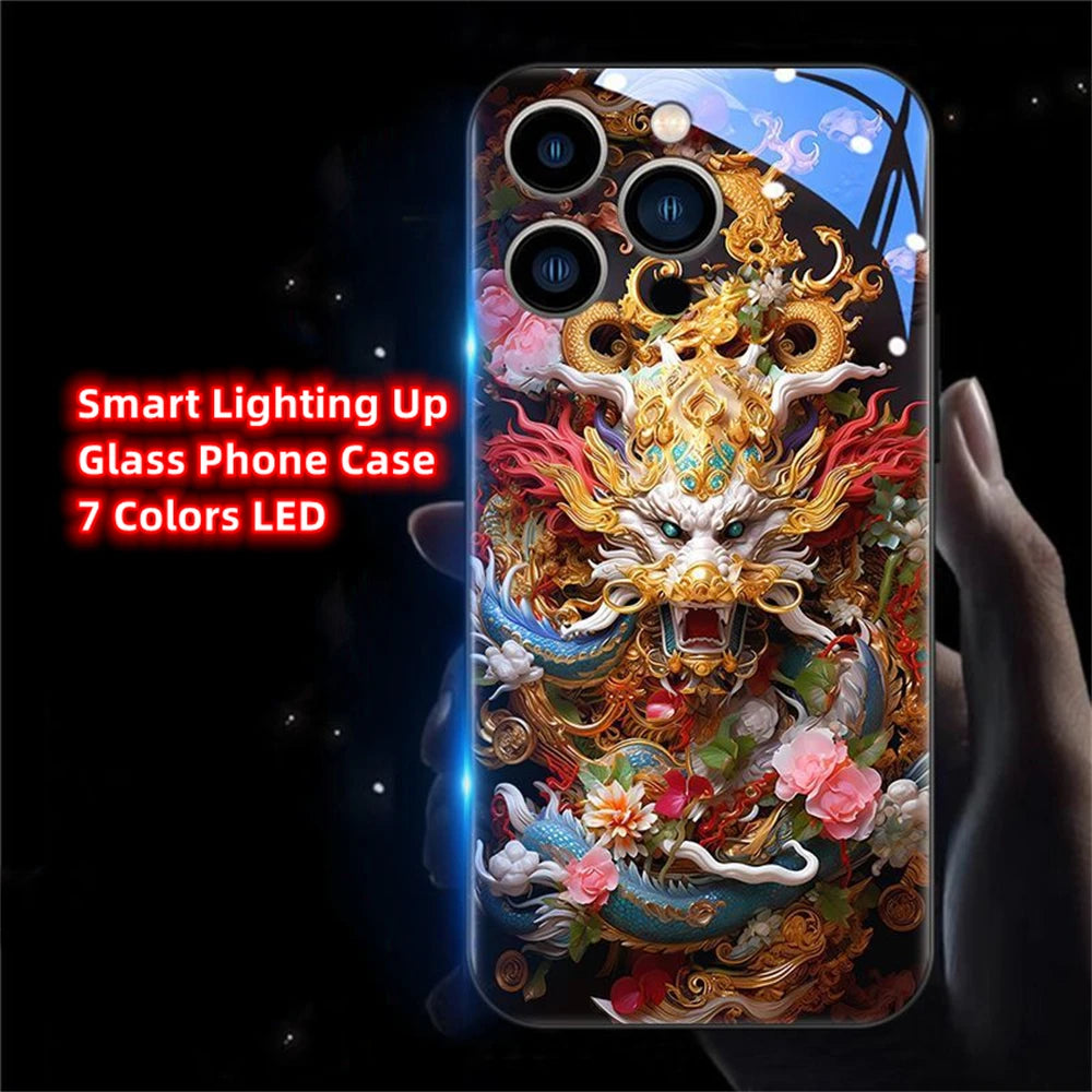 iPhone Black Dragon Phone Case LED Light Glass Shockproof Cover