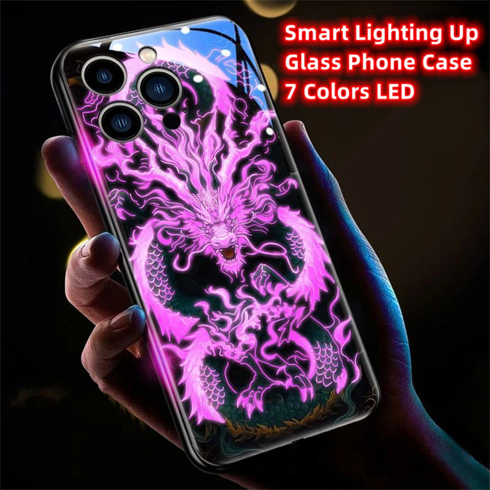 iPhone Black Dragon Phone Case LED Light Glass Shockproof Cover