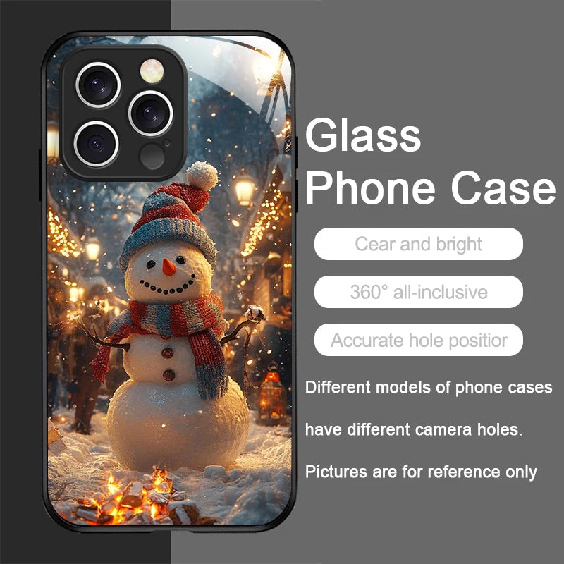 iPhone Winter Christmas Snowman Pattern Tempered Glass Phone Case